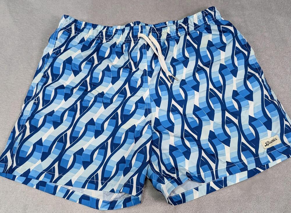 Bather Swim Trunks Mens Large Blue Geometric Print Quick Dry Lined Chain Link